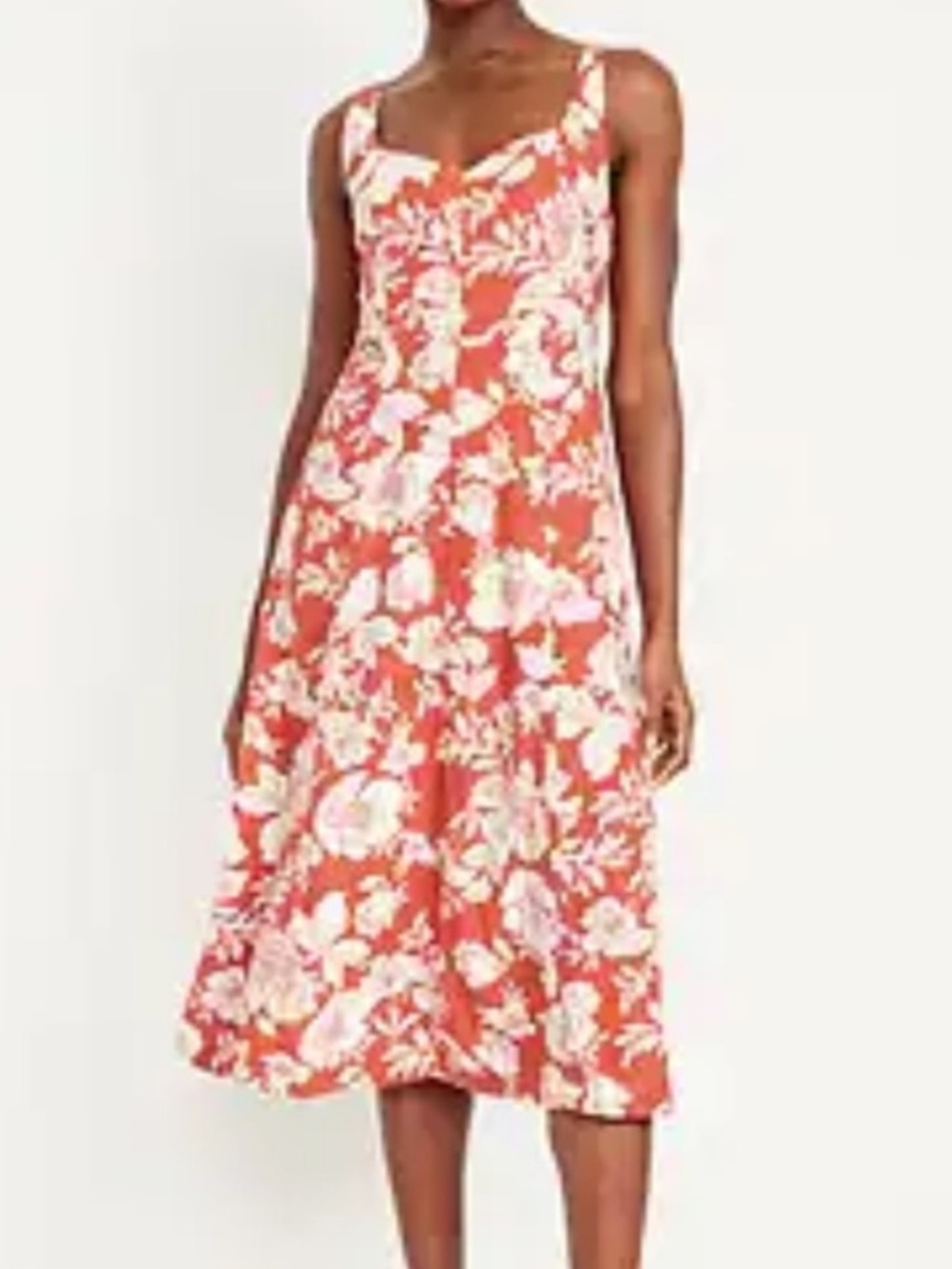 Old Navy Floral Midi Dress Orange white linen blend Medium pockets wide straps